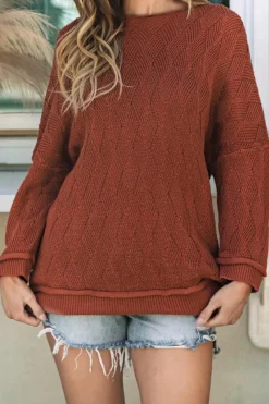 Discount Dear-Lover Solid Color Textured Crew Neck Loose Sweater Gold Flame
