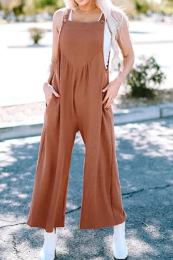 Best Dear-Lover Textured Buttoned Straps Ruched Wide Leg Jumpsuit Gold Flame