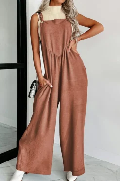 Best Dear-Lover Textured Buttoned Straps Ruched Wide Leg Jumpsuit Gold Flame