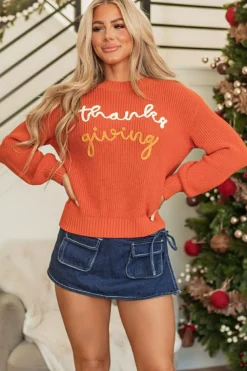 Clearance Dear-Lover Thanks Giving Letter Graphic Crew Neck Sweater Gold Flame