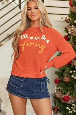 Clearance Dear-Lover Thanks Giving Letter Graphic Crew Neck Sweater Gold Flame