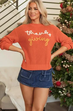 Clearance Dear-Lover Thanks Giving Letter Graphic Crew Neck Sweater Gold Flame