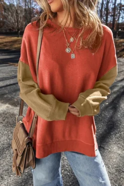 New Dear-Lover Two Tone Patchwork Drop Shoulder Pullover Sweatshirt Gold Flame