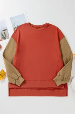 New Dear-Lover Two Tone Patchwork Drop Shoulder Pullover Sweatshirt Gold Flame