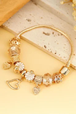Fashion Dear-Lover Flower Heart Charm Plated Alloy Bracelet Gold
