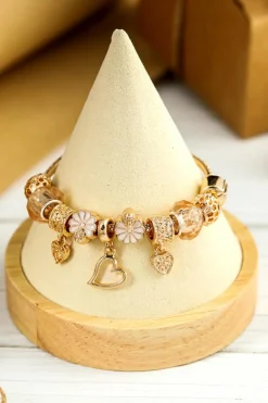 Fashion Dear-Lover Flower Heart Charm Plated Alloy Bracelet Gold