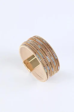 Discount Dear-Lover Full Diamond Leather Wide Plated Magnetic Buckle Bracelet Gold