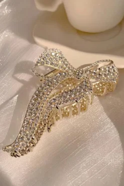 Fashion Dear-Lover Full Pearl Bow Knot Hair Claw Clip Gold