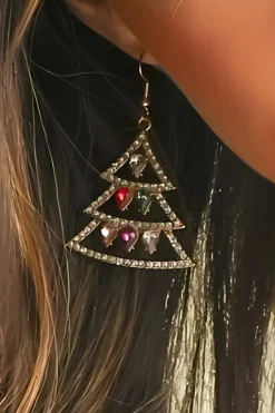 Fashion Dear-Lover Gem Decor Rhinestone Christmas Tree Holiday Hook Earrings Gold