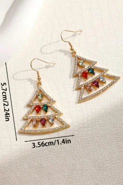 Fashion Dear-Lover Gem Decor Rhinestone Christmas Tree Holiday Hook Earrings Gold