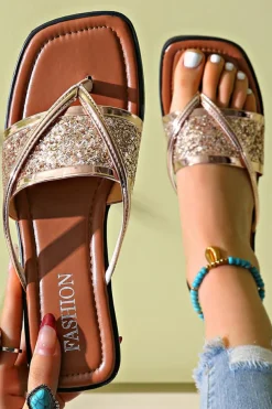 Fashion Dear-Lover Glitter Band Square Toe PU Leather Flat Slippers Gold