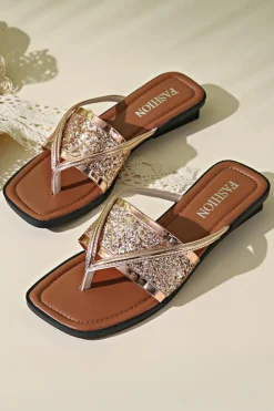 Fashion Dear-Lover Glitter Band Square Toe PU Leather Flat Slippers Gold