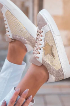 New Dear-Lover Glitter Star Patchwork PU Leather Lace-up Sneakers Gold