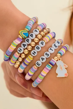 Fashion Dear-Lover Happy Easter Letter Beaded Elastic Multi Layer Bracelet Gold