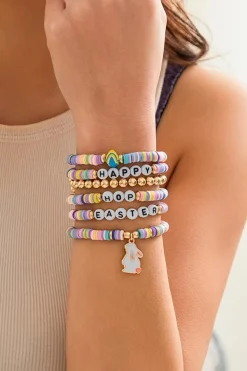 Fashion Dear-Lover Happy Easter Letter Beaded Elastic Multi Layer Bracelet Gold
