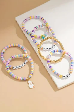 Fashion Dear-Lover Happy Easter Letter Beaded Elastic Multi Layer Bracelet Gold