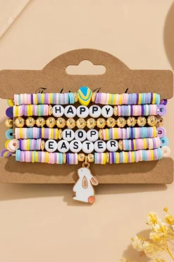 Fashion Dear-Lover Happy Easter Letter Beaded Elastic Multi Layer Bracelet Gold