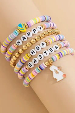 Fashion Dear-Lover Happy Easter Letter Beaded Elastic Multi Layer Bracelet Gold