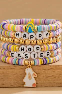 Fashion Dear-Lover Happy Easter Letter Beaded Elastic Multi Layer Bracelet Gold