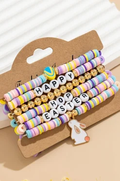 Fashion Dear-Lover Happy Easter Letter Beaded Elastic Multi Layer Bracelet Gold