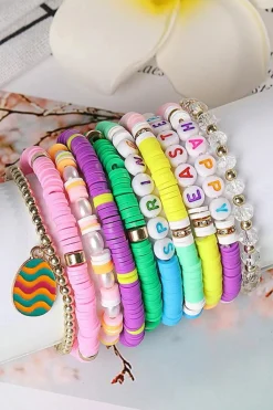 Best Dear-Lover Happy Easter Polymer Clay Beaded Bracelet Gold