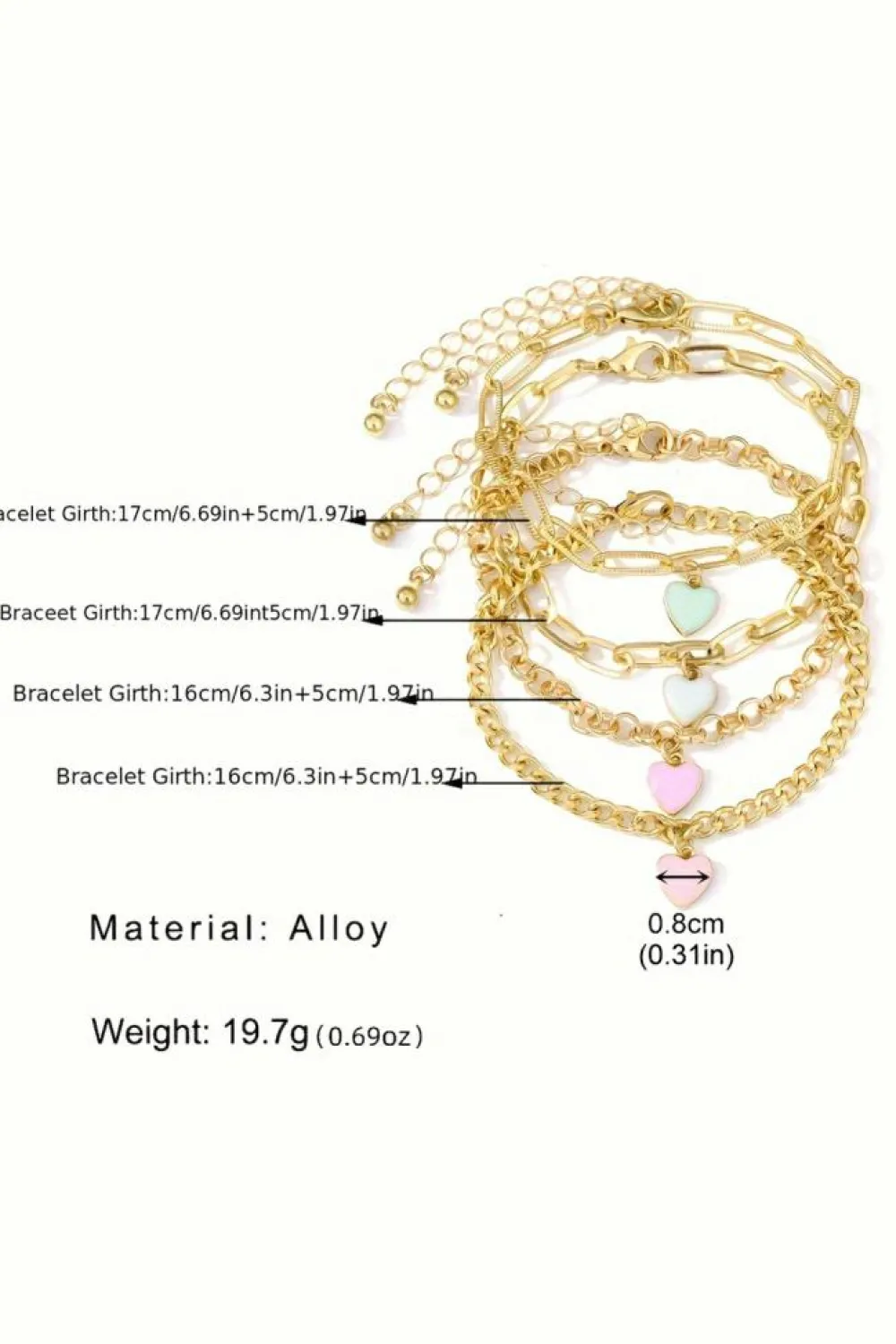 Hot Dear-Lover Heart Charm Multi Layer Adjustable Chain Bracelet Gold