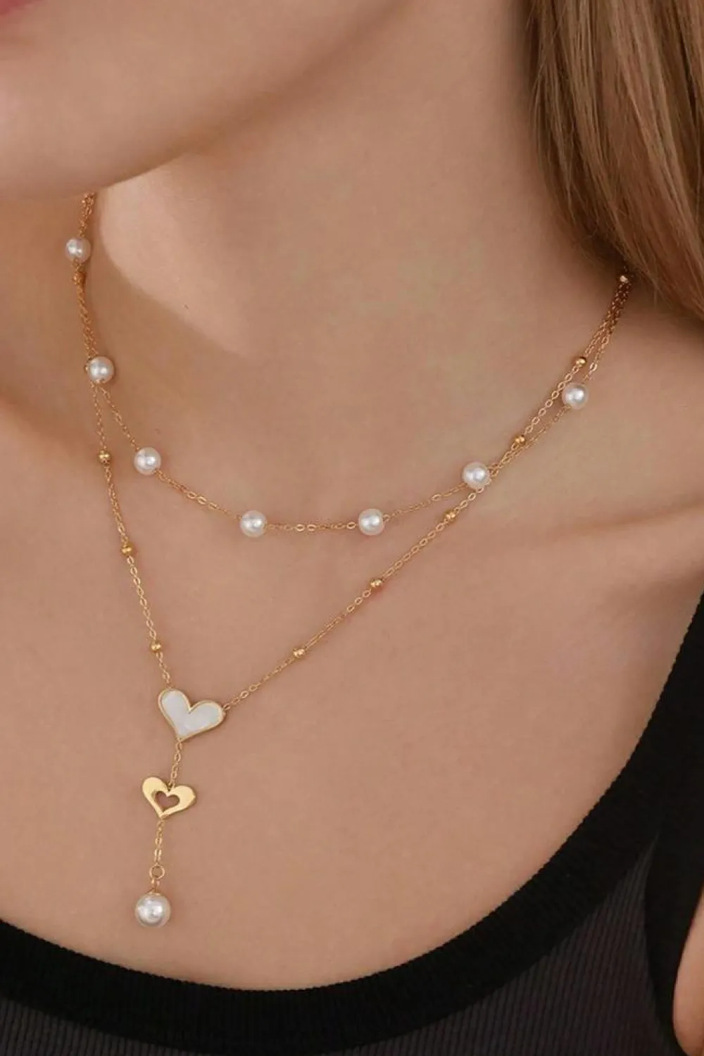 Discount Dear-Lover Heart Pearl Double Layer Adjustable Chain Necklace Gold
