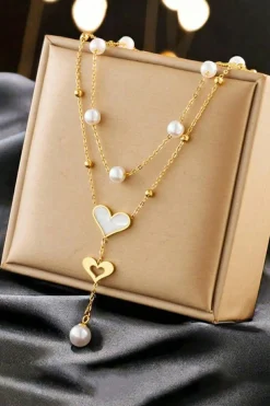 Discount Dear-Lover Heart Pearl Double Layer Adjustable Chain Necklace Gold