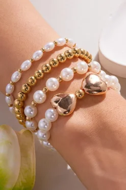 Best Dear-Lover Heart Pearl Plated Beaded Elastic Bracelet Set Gold