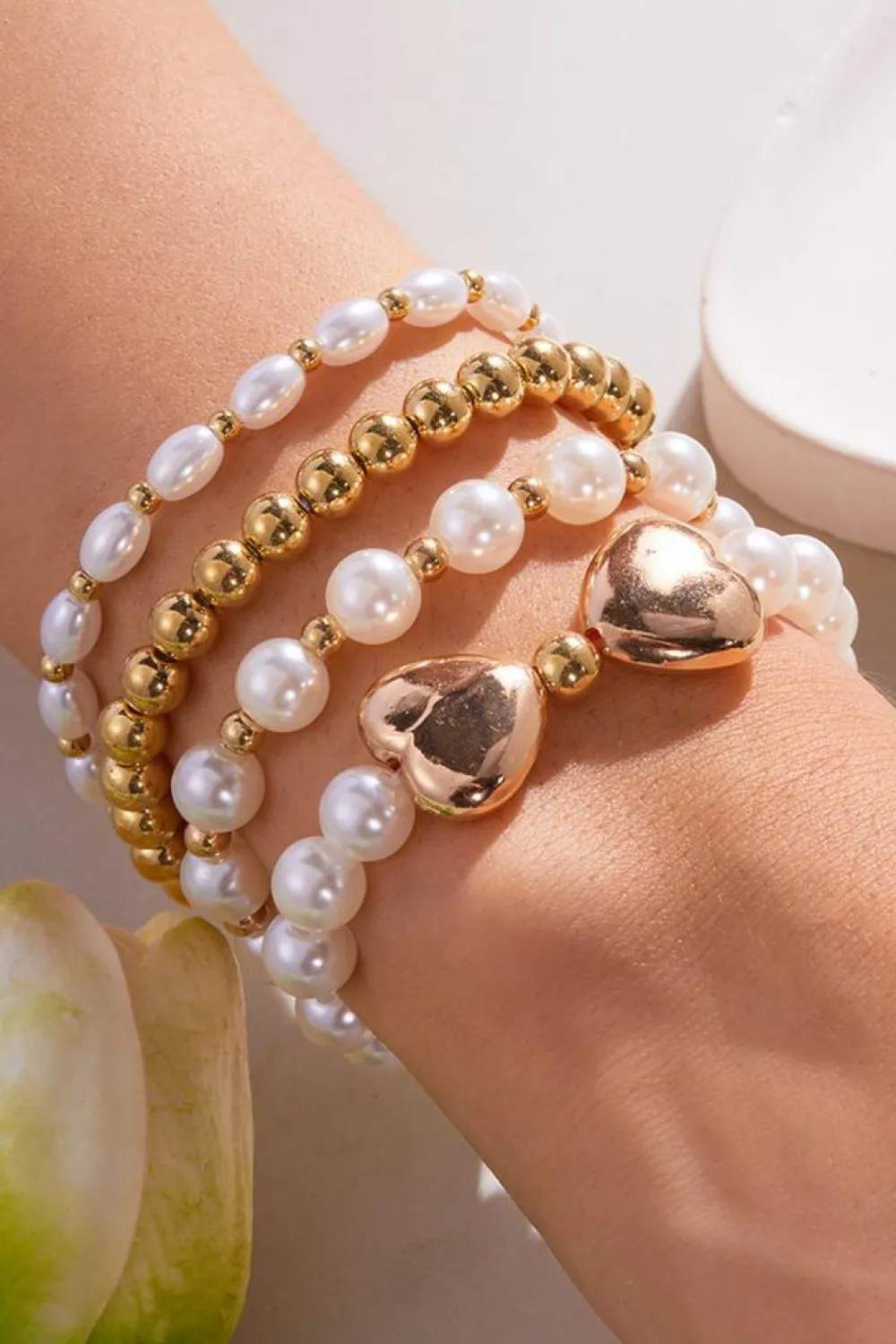 Best Dear-Lover Heart Pearl Plated Beaded Elastic Bracelet Set Gold
