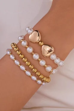 Best Dear-Lover Heart Pearl Plated Beaded Elastic Bracelet Set Gold