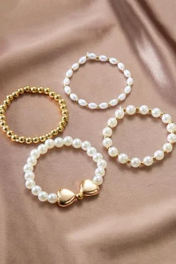 Best Dear-Lover Heart Pearl Plated Beaded Elastic Bracelet Set Gold
