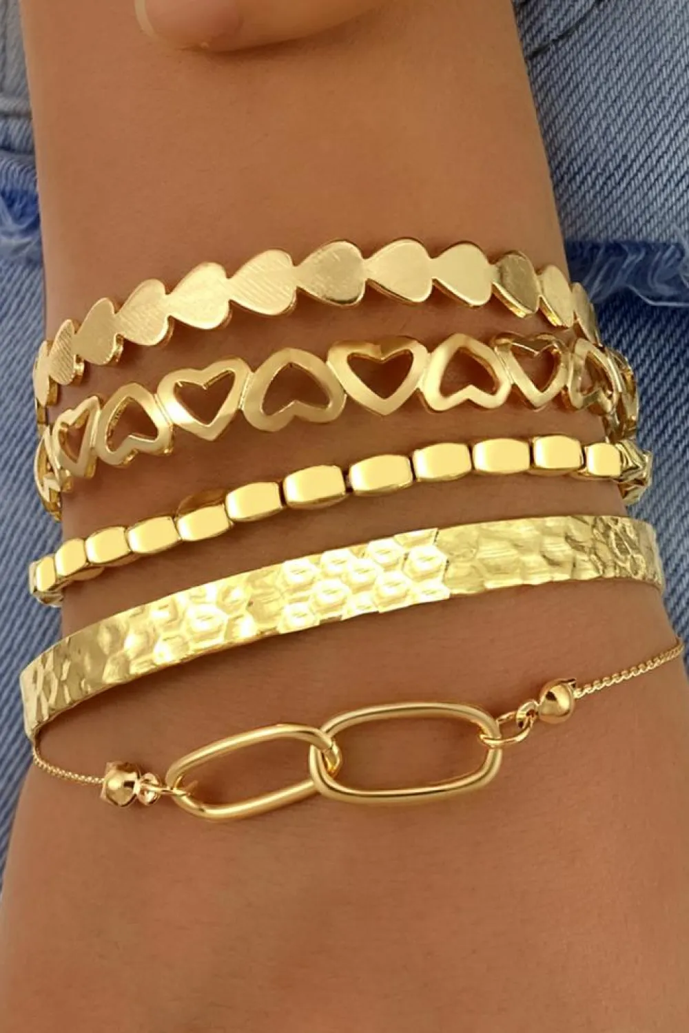 Online Dear-Lover Heart Plated Multi Layer Open Cuff Bracelet Set Gold