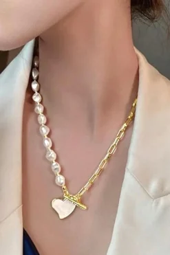 Outlet Dear-Lover Heart Shape Pendant Rhinestone Decor Pearl Chain Necklace Gold