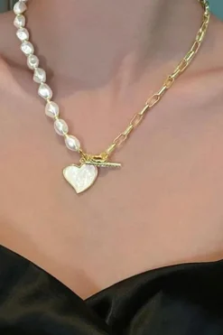 Outlet Dear-Lover Heart Shape Pendant Rhinestone Decor Pearl Chain Necklace Gold