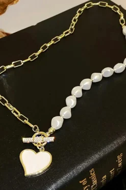 Outlet Dear-Lover Heart Shape Pendant Rhinestone Decor Pearl Chain Necklace Gold