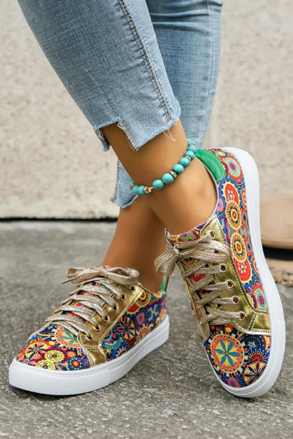 Clearance Dear-Lover Lace-up Sleek Floral Patchwork Flat Shoes Gold