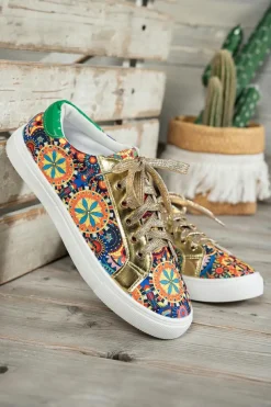 Clearance Dear-Lover Lace-up Sleek Floral Patchwork Flat Shoes Gold