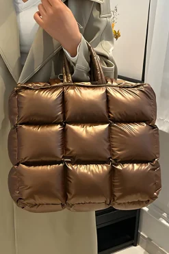 Fashion Dear-Lover Large Capacity Quilted Puffer Tote Bag Gold