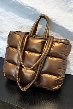 Fashion Dear-Lover Large Capacity Quilted Puffer Tote Bag Gold