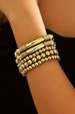 Hot Dear-Lover Layered Plated Alloy Beaded Elastic Bracelet Set Gold
