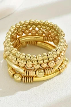 Hot Dear-Lover Layered Plated Alloy Beaded Elastic Bracelet Set Gold