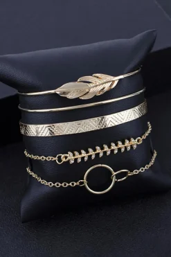 Hot Dear-Lover Leaves Retro Pattern Adjustable Plated 5Pcs Bracelet Set Gold