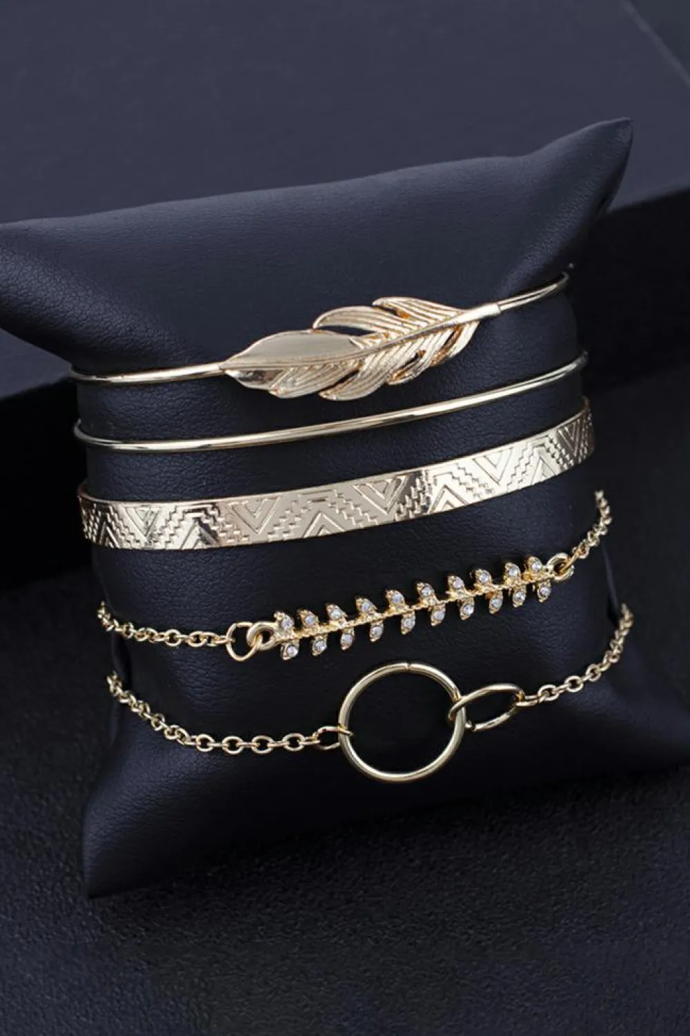 Hot Dear-Lover Leaves Retro Pattern Adjustable Plated 5Pcs Bracelet Set Gold