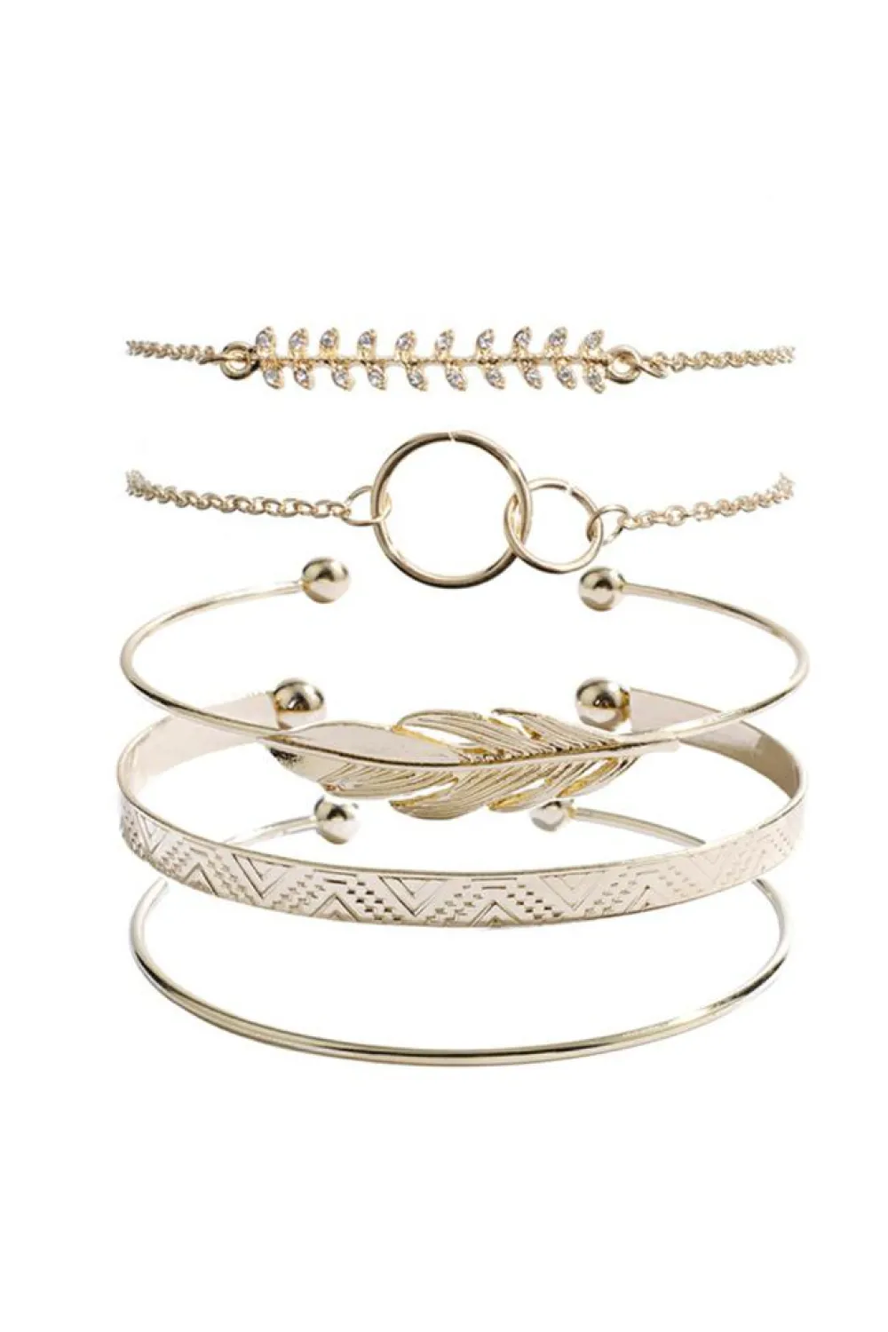 Hot Dear-Lover Leaves Retro Pattern Adjustable Plated 5Pcs Bracelet Set Gold