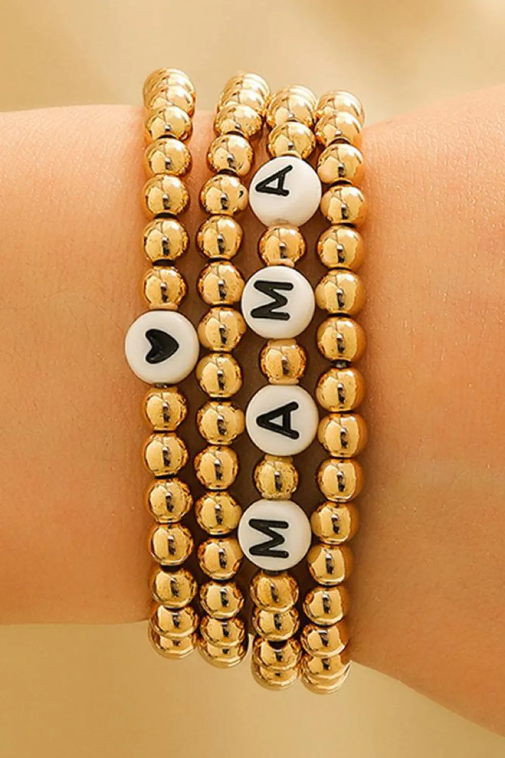 Best Dear-Lover MAMA Heart Bead 4Pcs Bracelets Set Gold