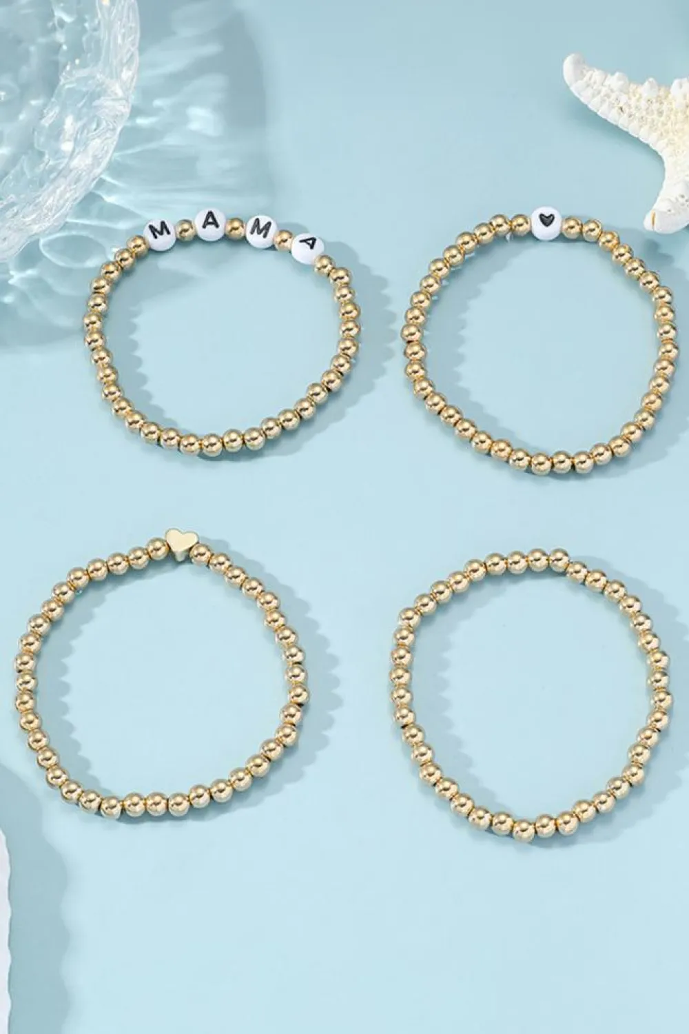 Best Dear-Lover MAMA Heart Bead 4Pcs Bracelets Set Gold