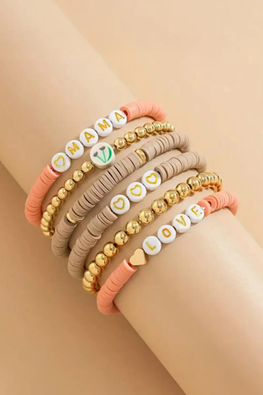 New Dear-Lover Mama Love Heart Beaded Multi Layer Bracelet Gold