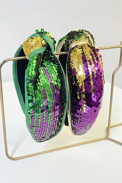 Clearance Dear-Lover Mardi Gras Sequined Knotted Wide Headband (Sequins Randomly Placed) Gold