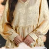 Sale Dear-Lover Metallic Frilled V Neck Puff Sleeve Babydoll Blouse Gold